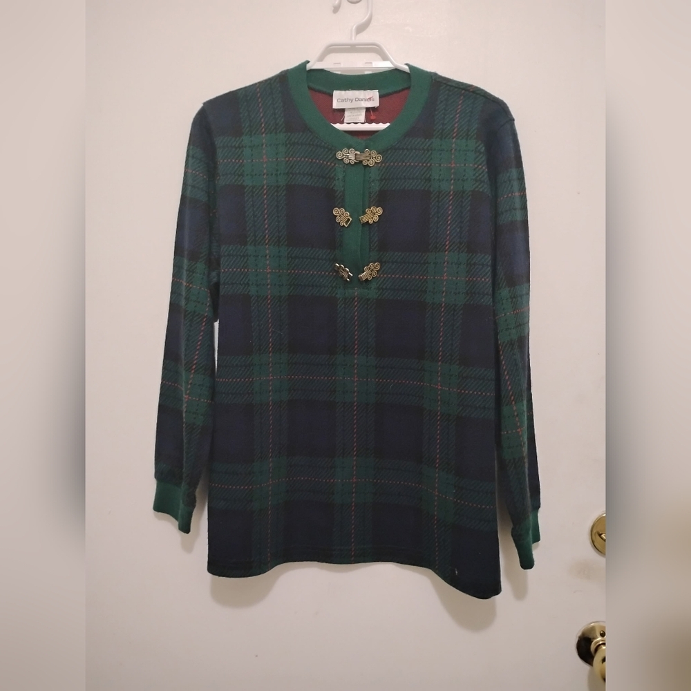 Cathy Daniels Plaid Sweater Top – Green & Navy – Size Medium